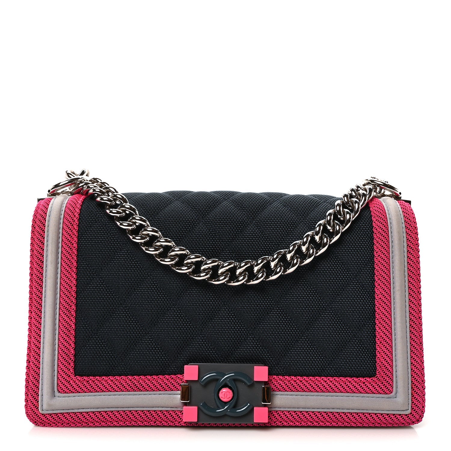 Canvas Quilted Medium Fluo Boy Flap Dark Navy Fuchsia Grey