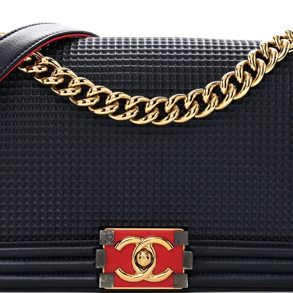 Lambskin Embossed Medium Boy Cube Flap Navy