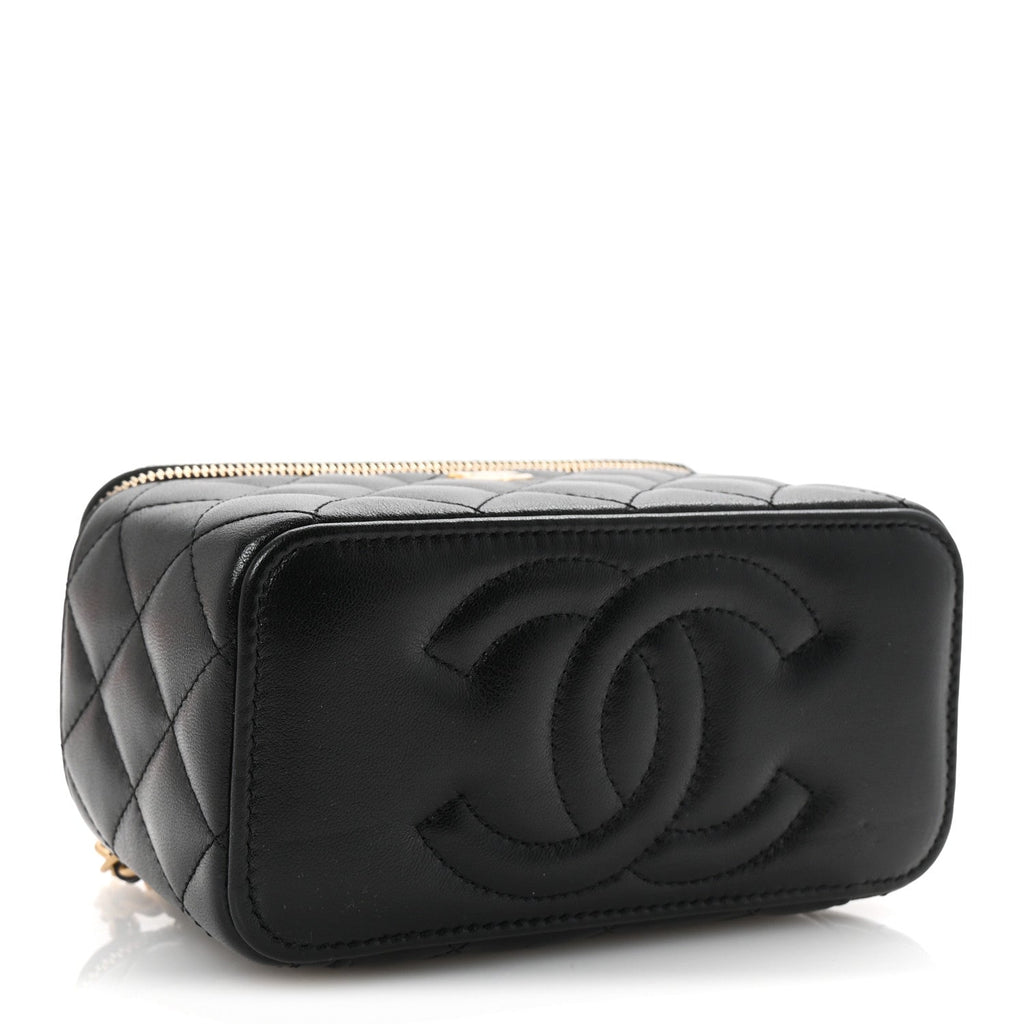 Lambskin Quilted Pearl Crush Small Vanity Case With Chain Black