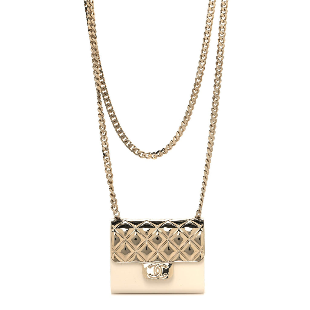 Metal Resin Flap Bag Long Necklace Gold White