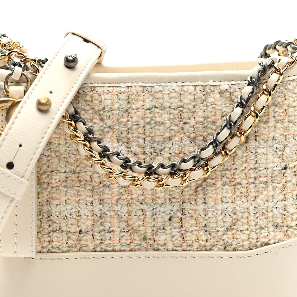 Tweed Calfskin Quilted Small Gabrielle Hobo Beige Ivory