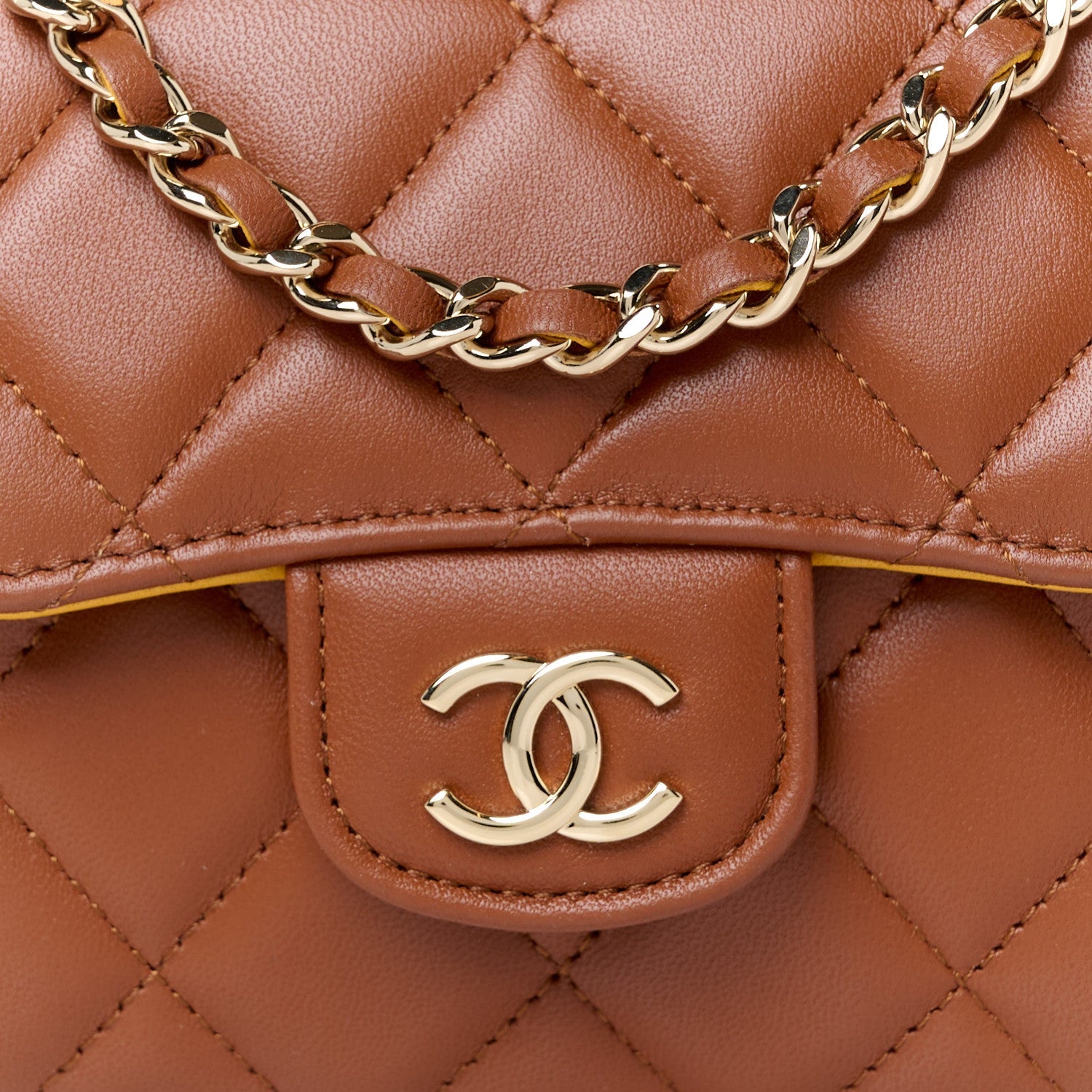 Lambskin Quilted Top Handle Flap Clutch With Chain Brown Yellow