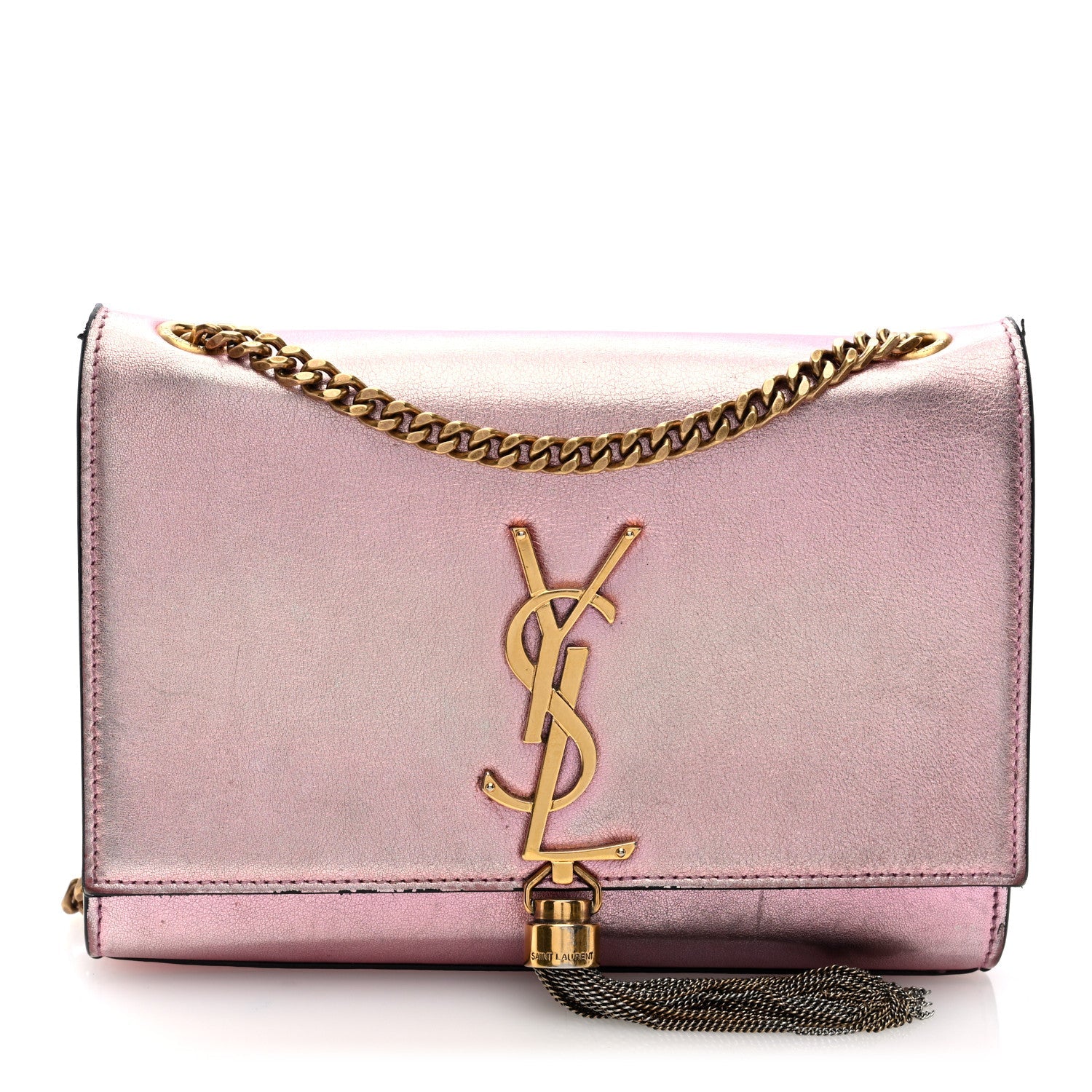 Metallic Calfskin Small Classic Monogram Kate Tassel Satchel Pink