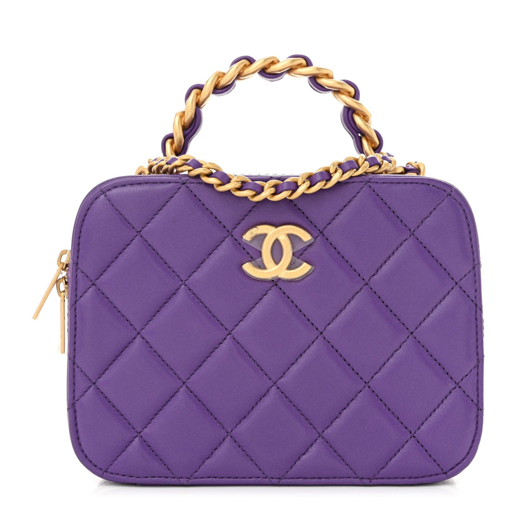 Lambskin Quilted Top Handle Small Vanity Case Purple