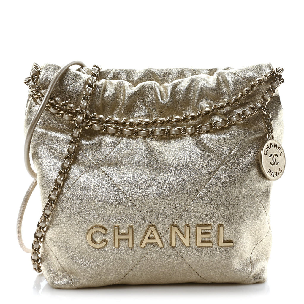 Metallic Lambskin Quilted Mini Chanel 22 Golden