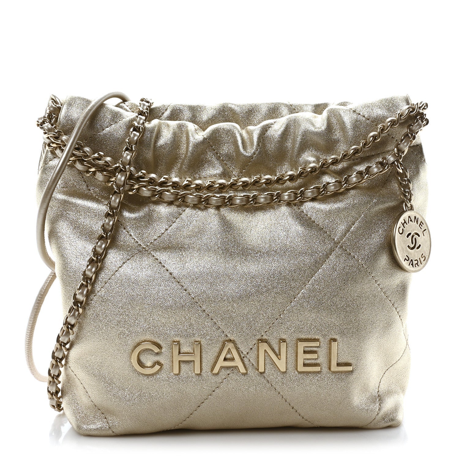 Metallic Lambskin Quilted Mini Chanel 22 Golden