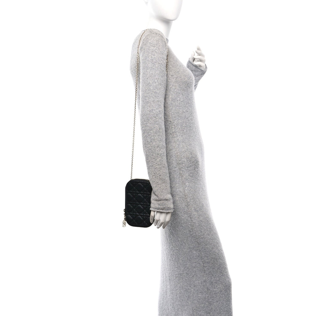 Lambskin Cannage Lady Dior Phone Holder Black