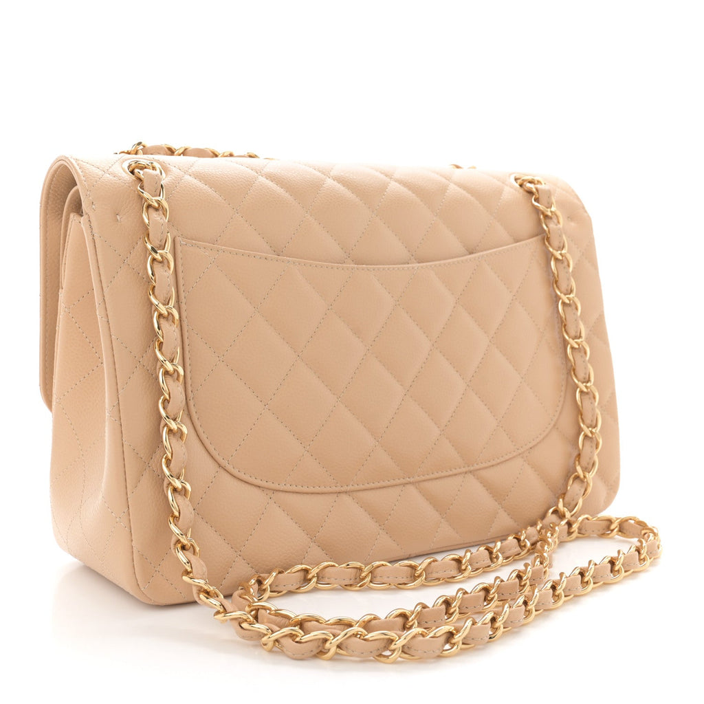 Caviar Quilted Jumbo Double Flap Beige