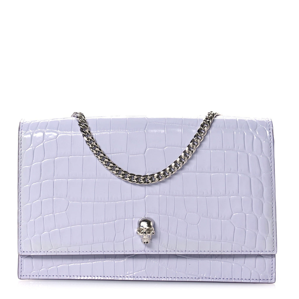 Calfskin Crocodile Embossed Skull Medium Shoulder Bag Lavender