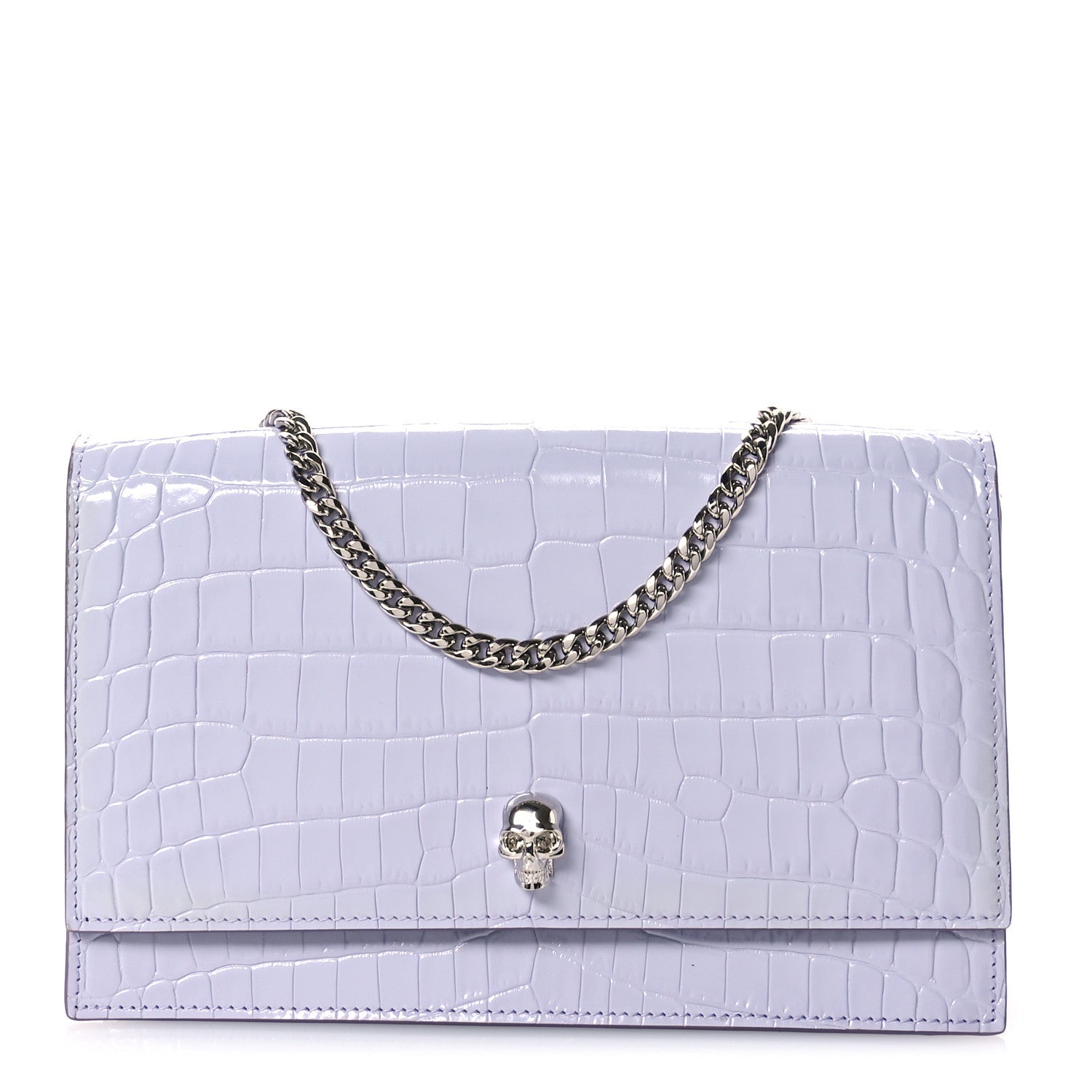 Calfskin Crocodile Embossed Skull Medium Shoulder Bag Lavender