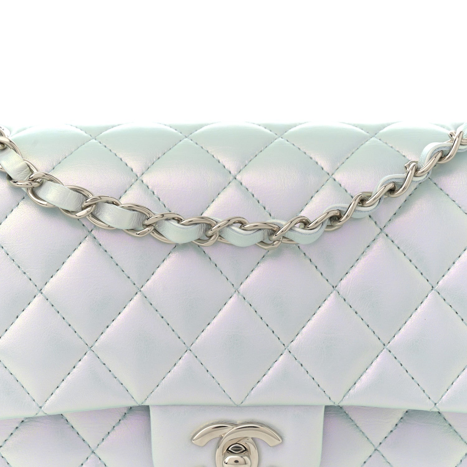 Iridescent Calfskin Quilted Medium Double Flap Light Blue