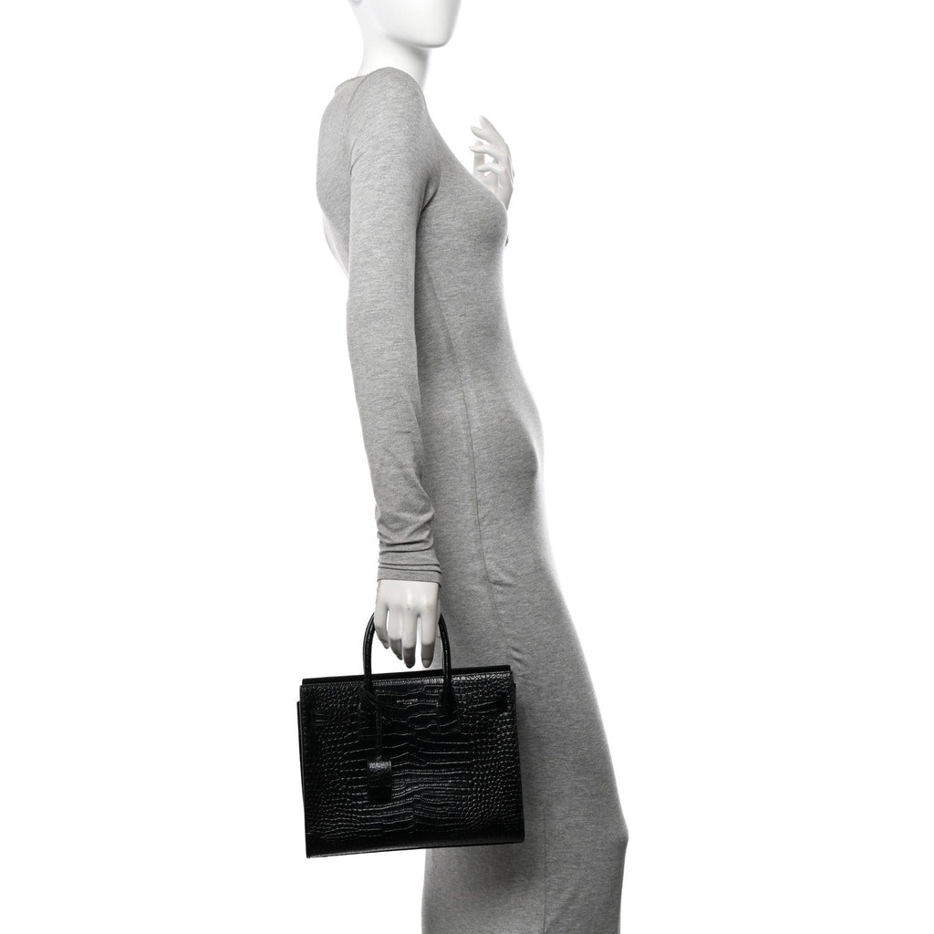 Calfskin Crocodile Embossed Baby Sac De Jour Black