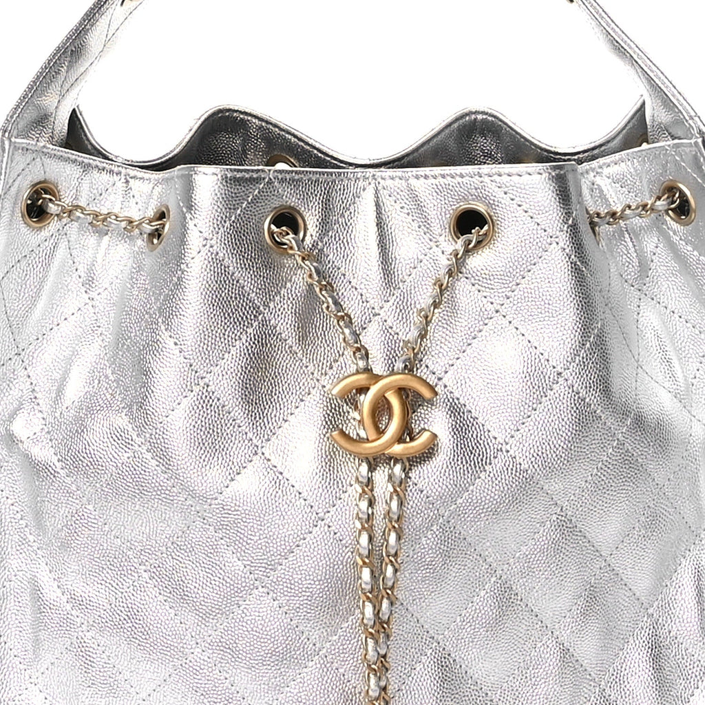 Metallic Caviar Quilted Medium Chanel 25 Handbag Silver