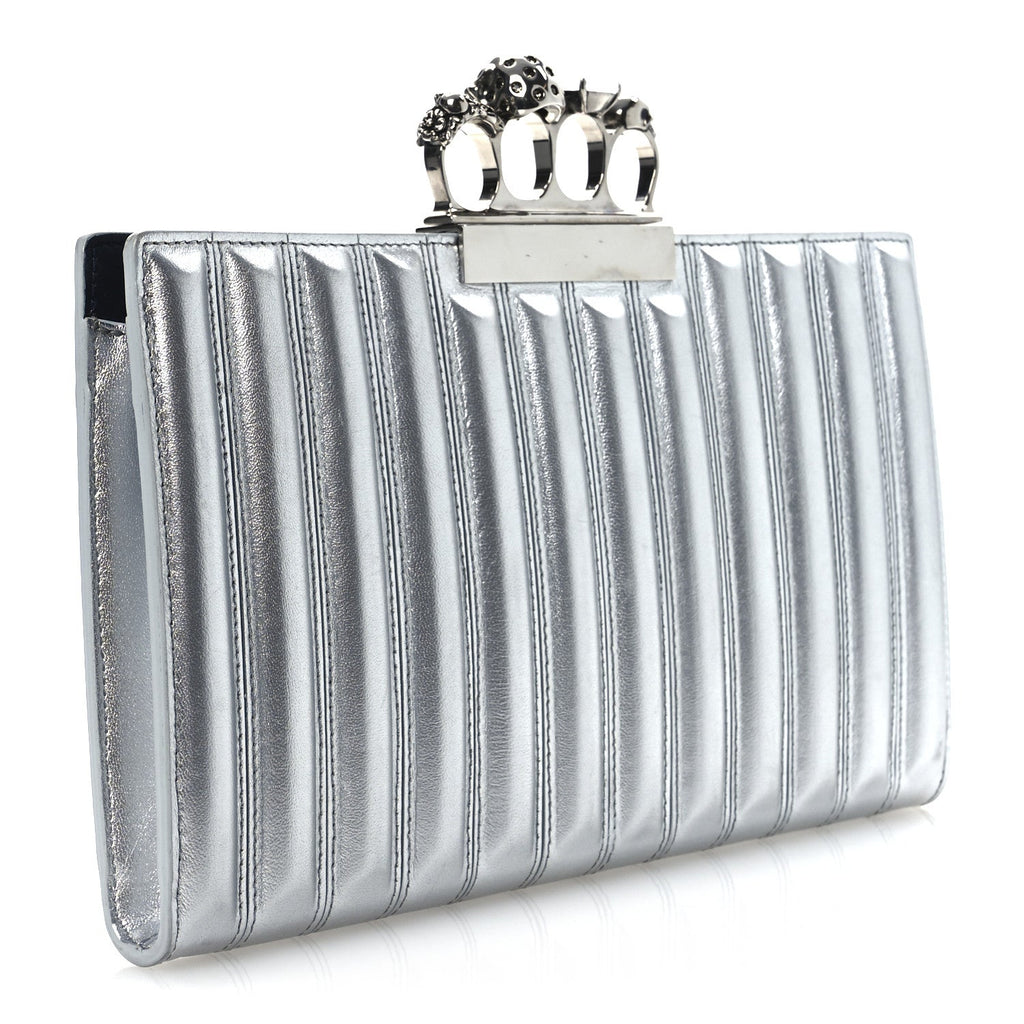 Metallic Calfskin Quilted Four Ring Knuckle Flat Clutch Silver