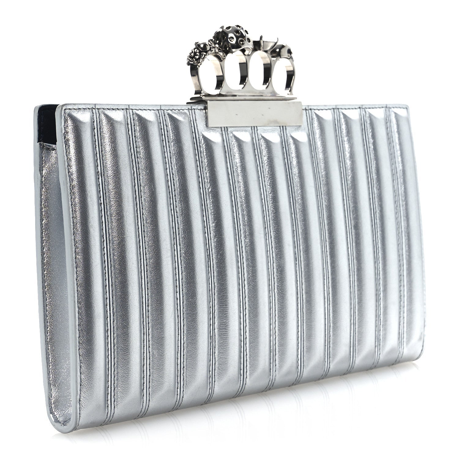 Metallic Calfskin Quilted Four Ring Knuckle Flat Clutch Silver