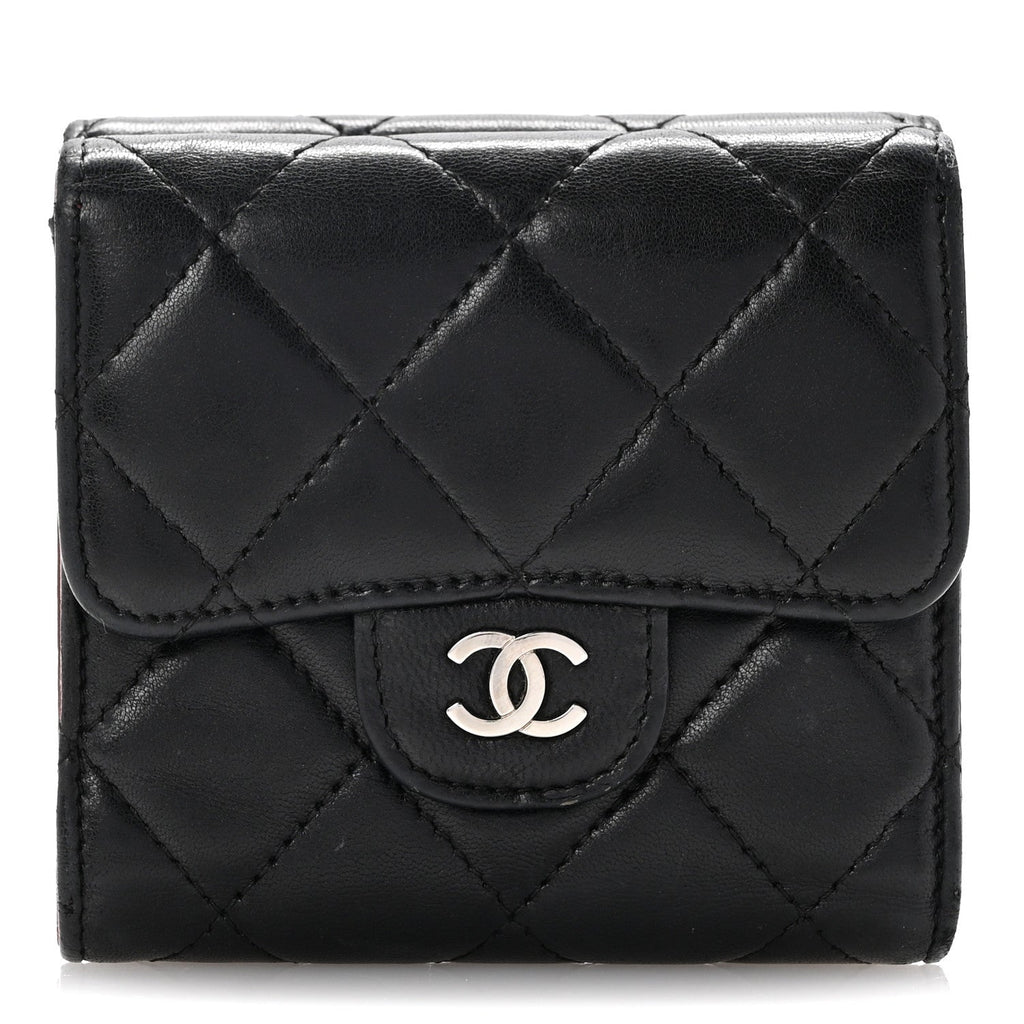 Lambskin Quilted Tri-Fold Flap Wallet Black