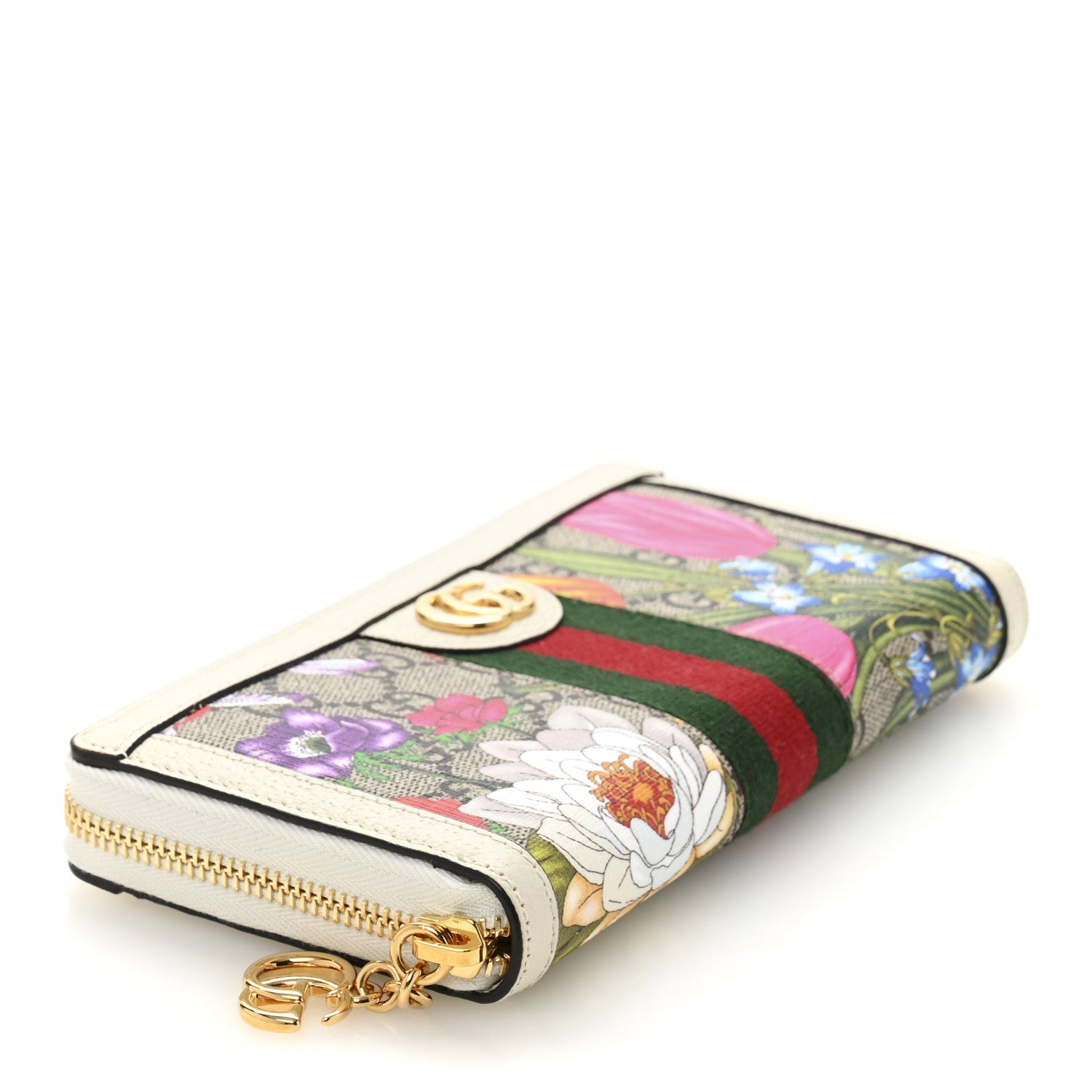 GG Supreme Monogram Flora Ophidia Zip Around Wallet White
