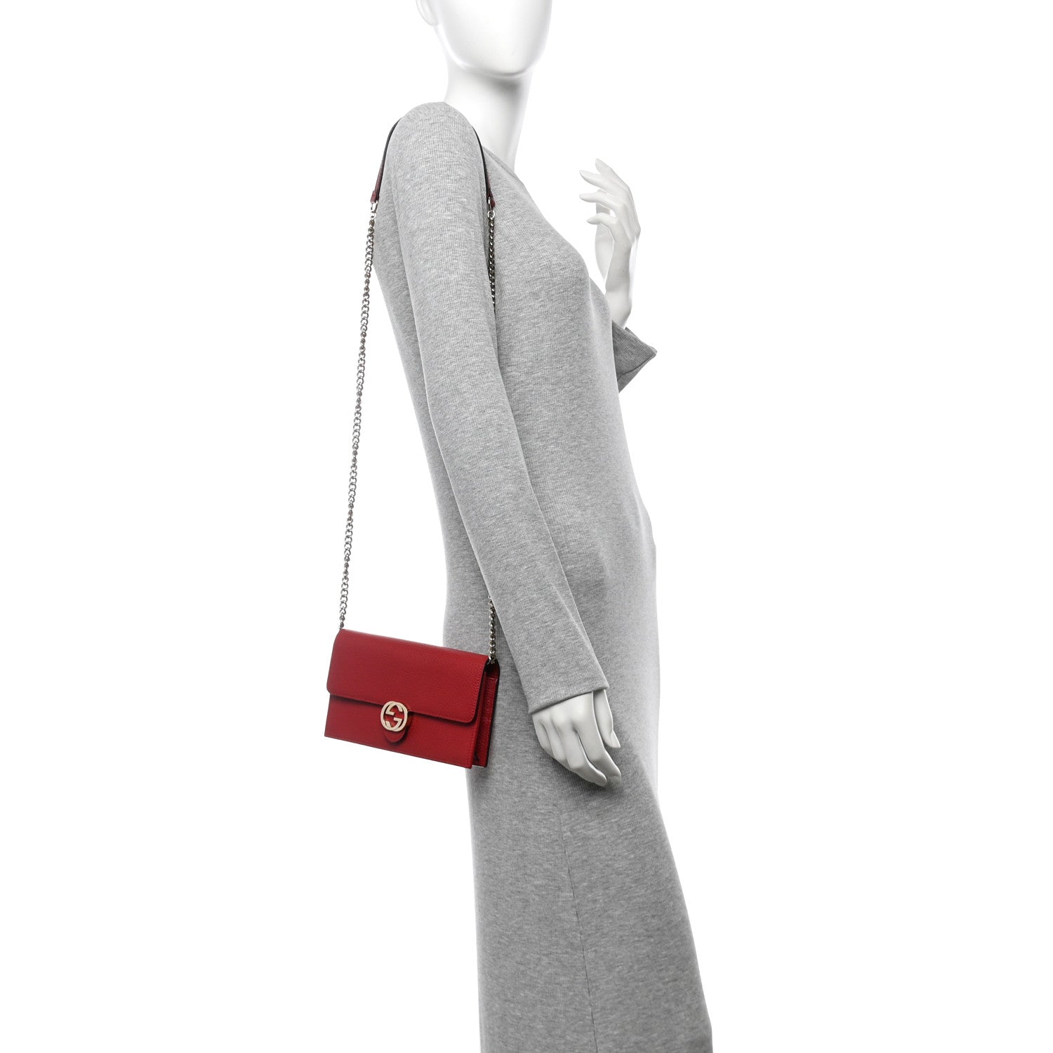 Dollar Calfskin Interlocking G Chain Wallet Red
