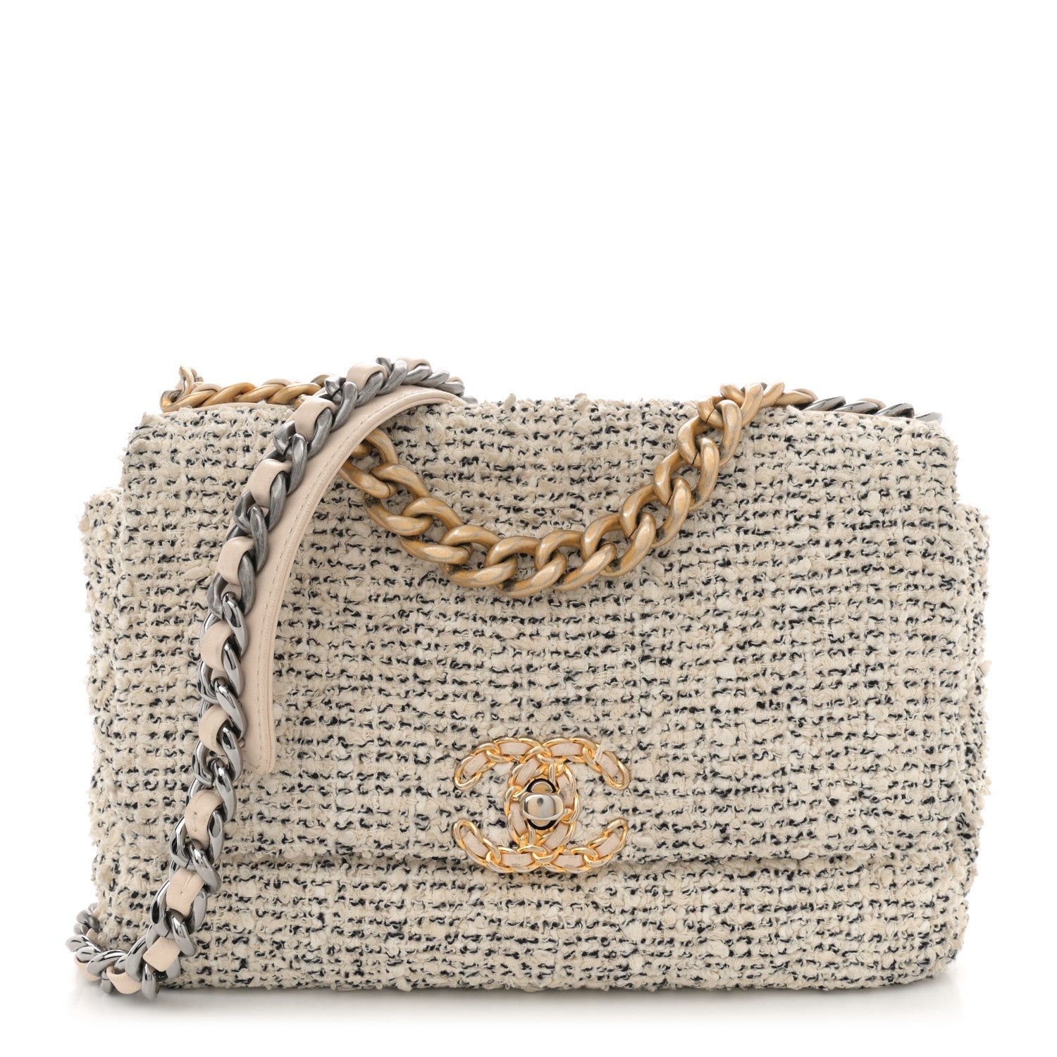Tweed Quilted Medium Chanel 19 Flap Ecru Black