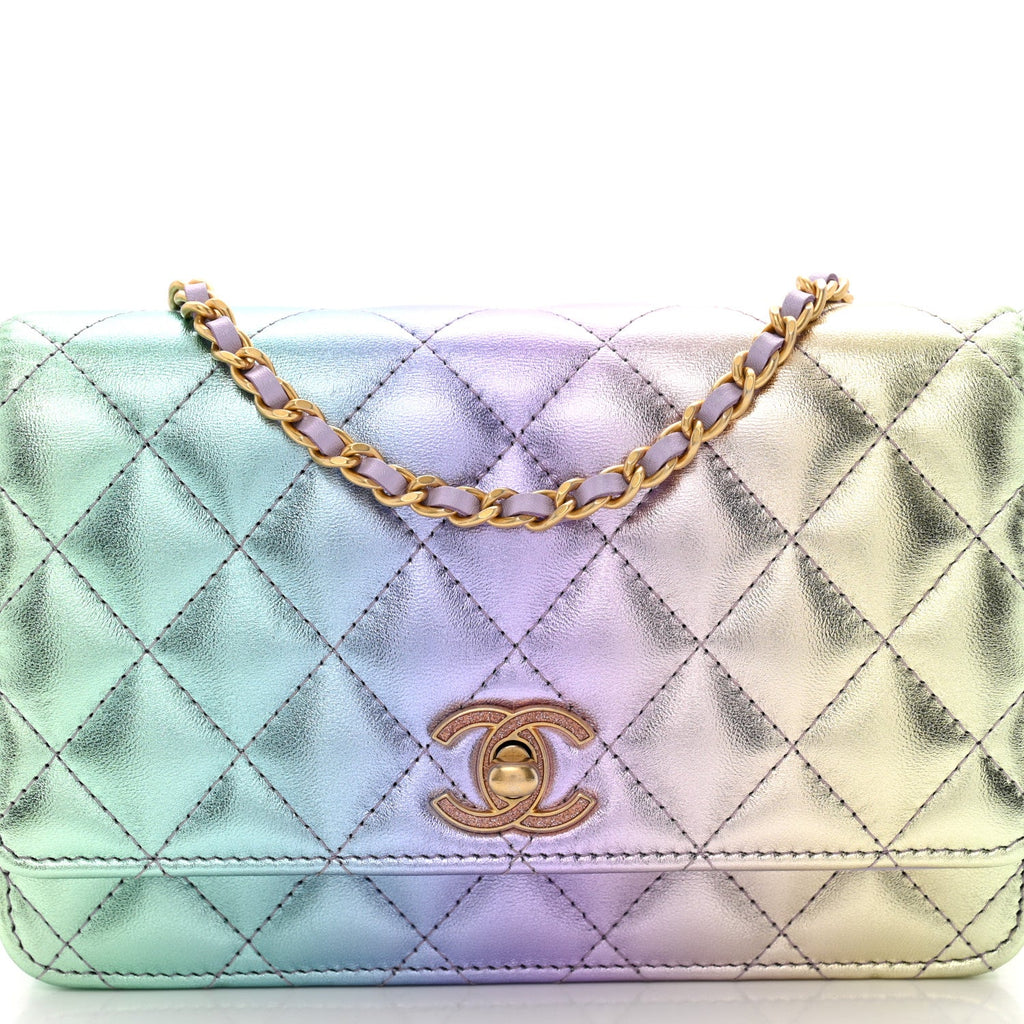 Iridescent Lambskin Quilted Glitter CC Roller Skate Wallet On Chain WOC Multicolor