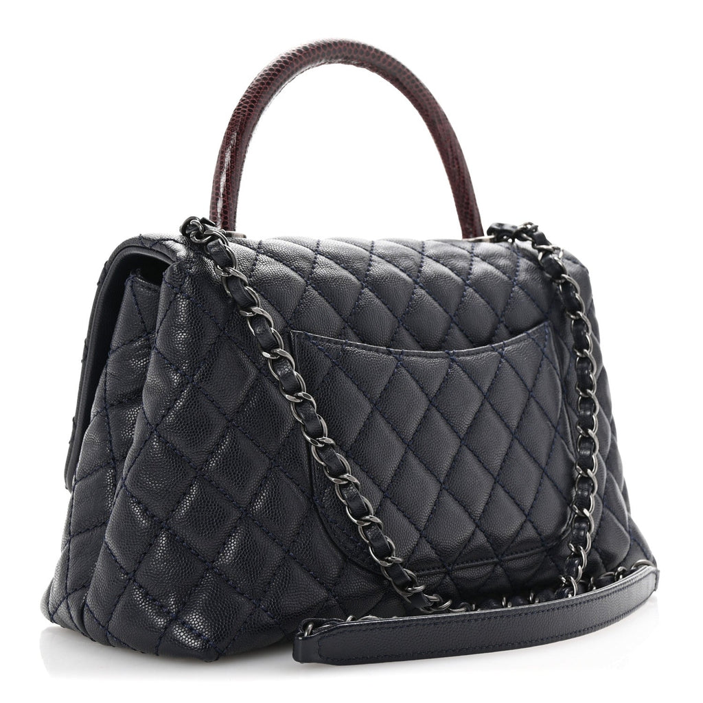 Caviar Lizard Embossed Quilted Small Coco Handle Flap Navy Blue