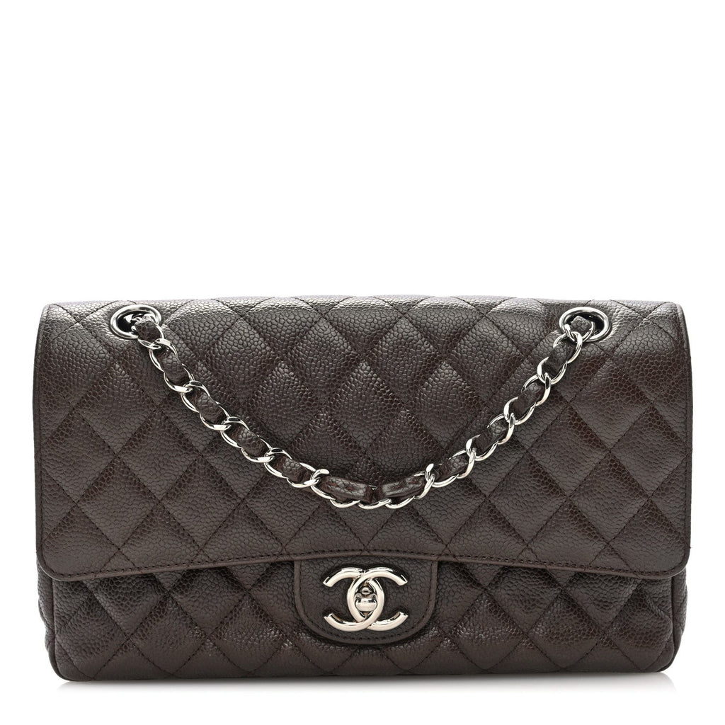 Caviar Quilted Medium Double Flap Brown