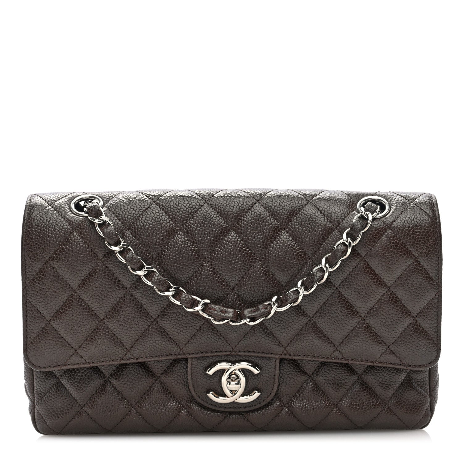 Caviar Quilted Medium Double Flap Brown