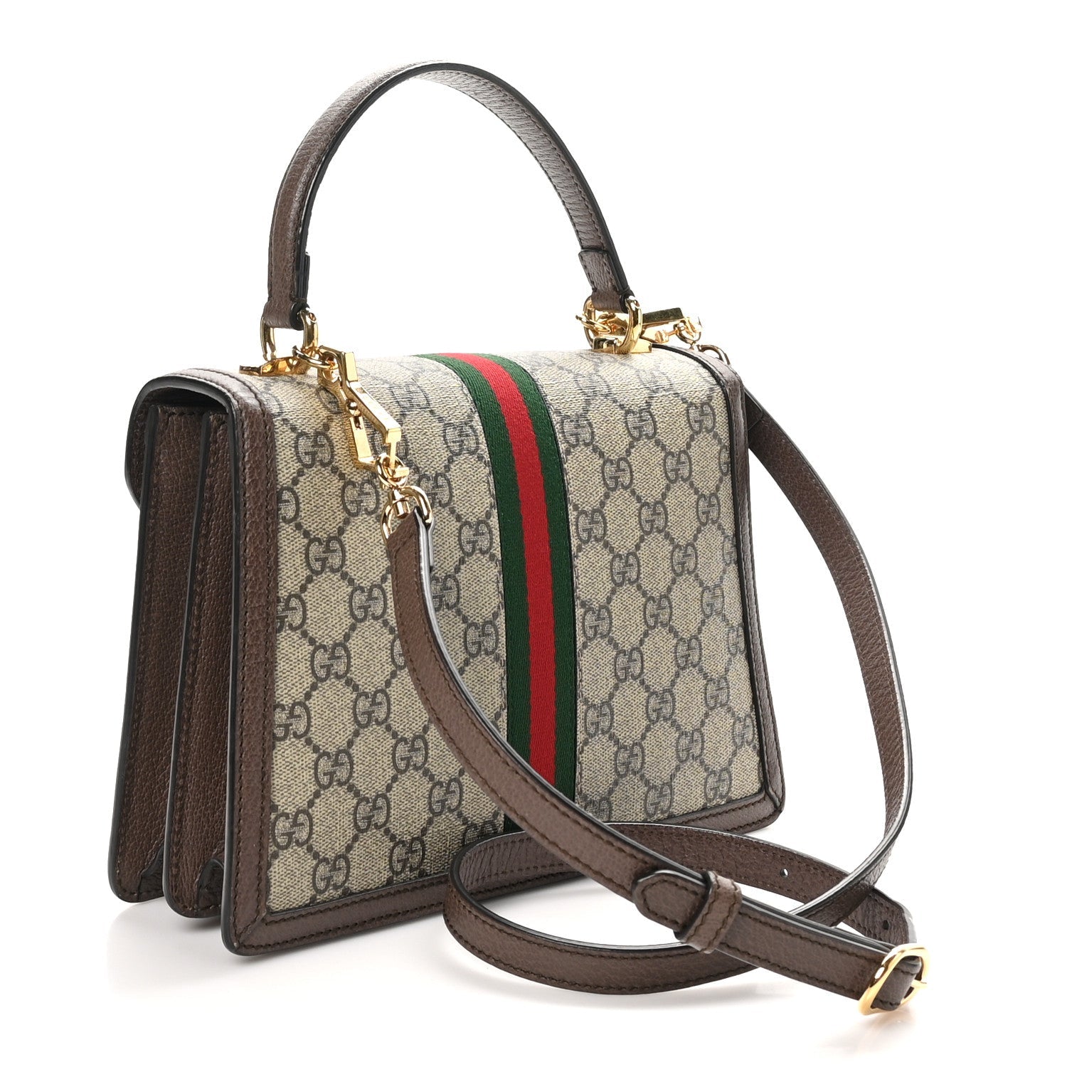 GG Supreme Monogram Textured Dollar Calfskin Web Small Ophidia Padlock Top Handle Bag Beige Ebony New Acero