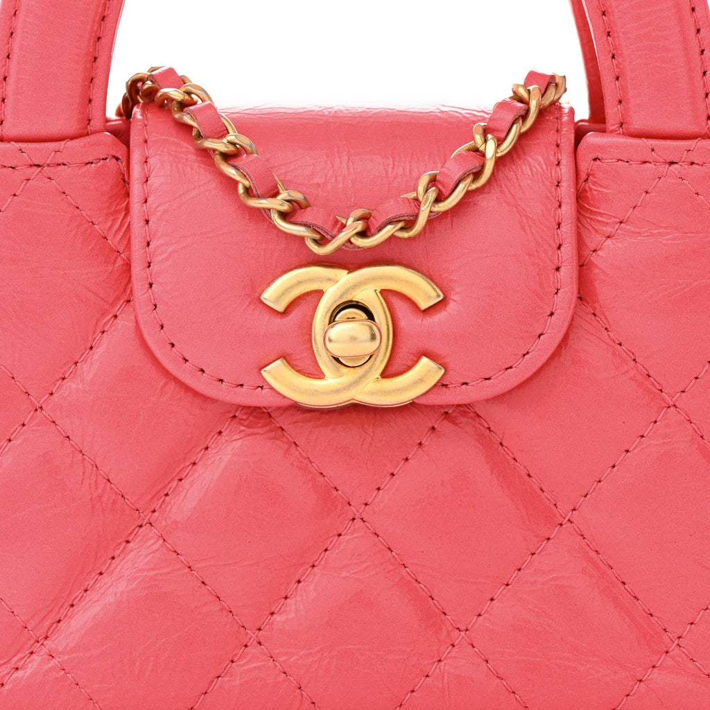 Shiny Aged Calfskin Quilted Mini Nano Kelly Shopper Dark Pink