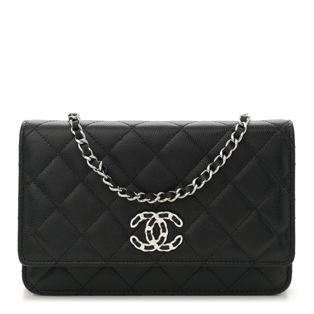 Caviar Quilted Chanel 19 Wallet On Chain WOC Black White