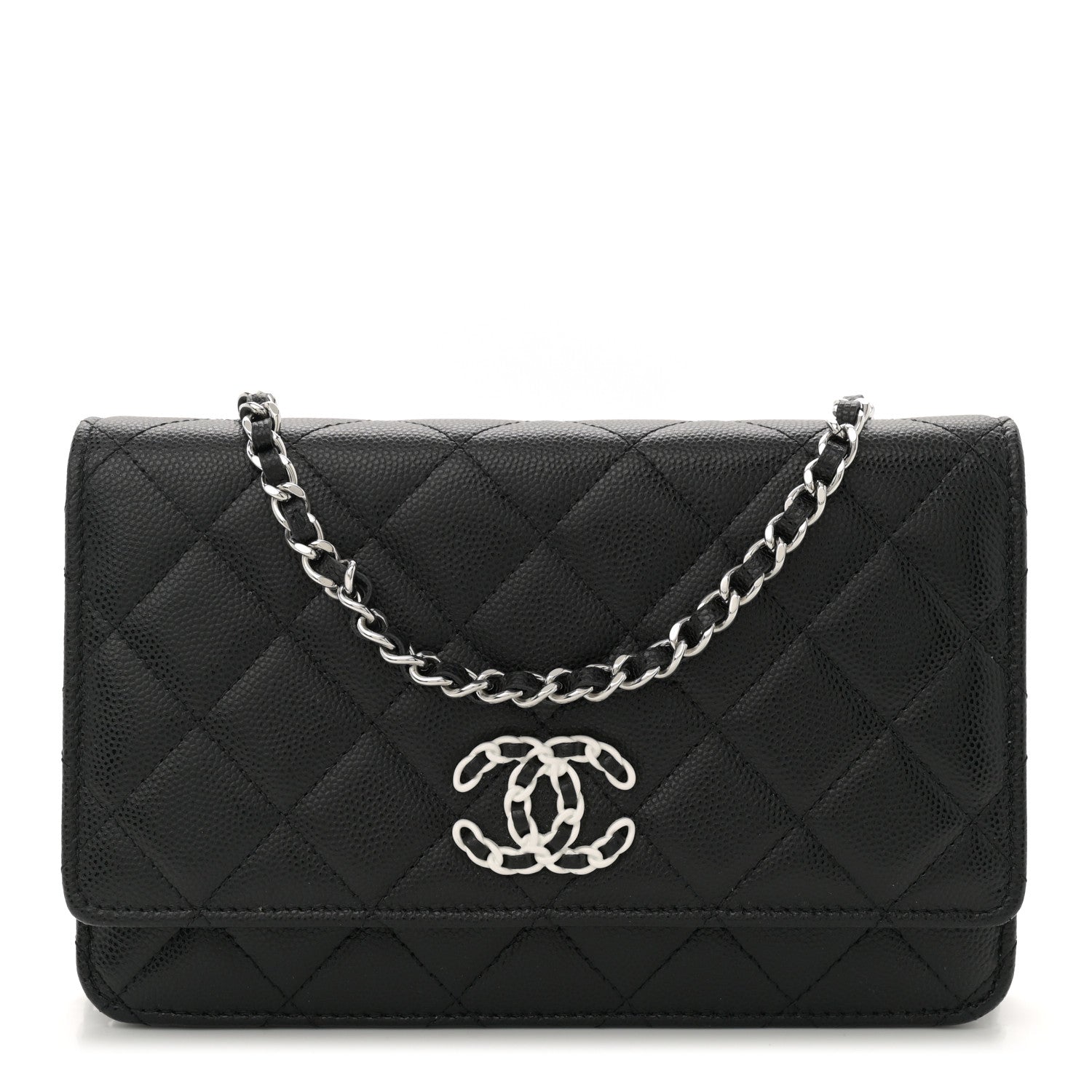 Caviar Quilted Chanel 19 Wallet On Chain WOC Black White