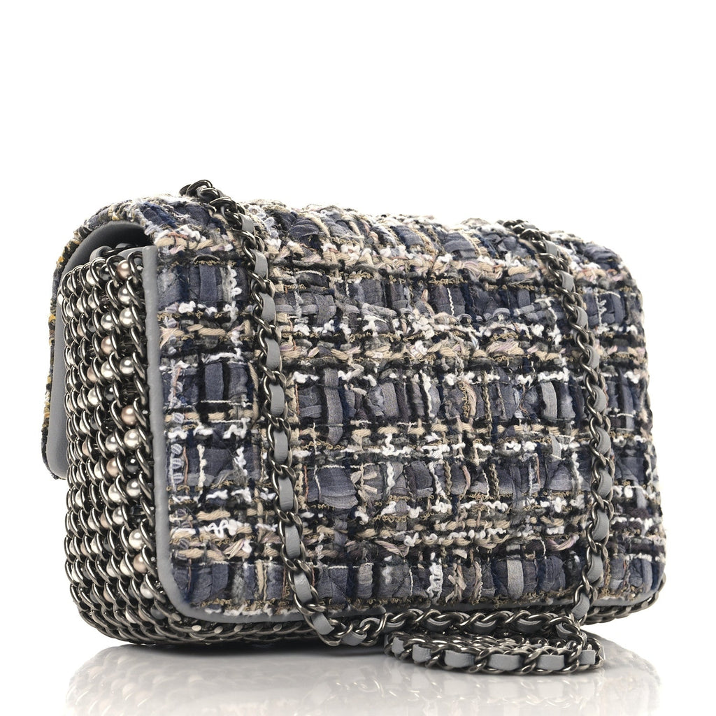 Tweed Quilted Mini Side Pearl Flap Bag Grey