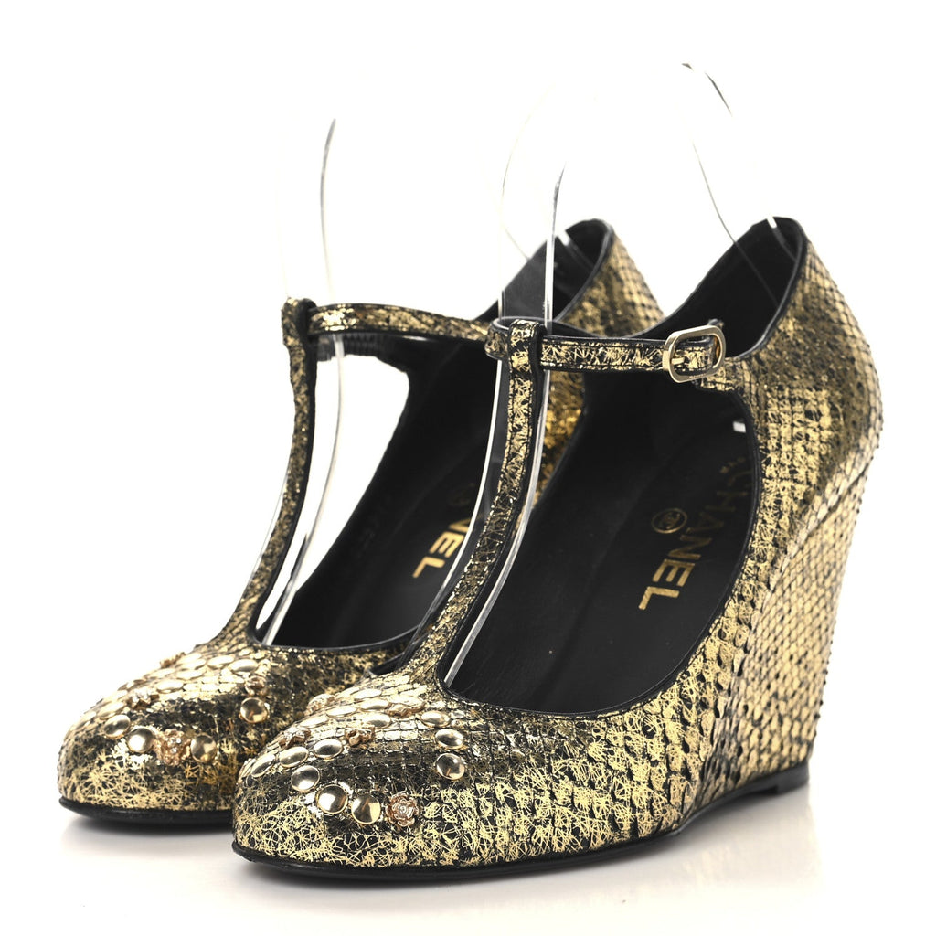 Metallic Snakeskin Studded CC T-Strap Wedges 37 Gold Black