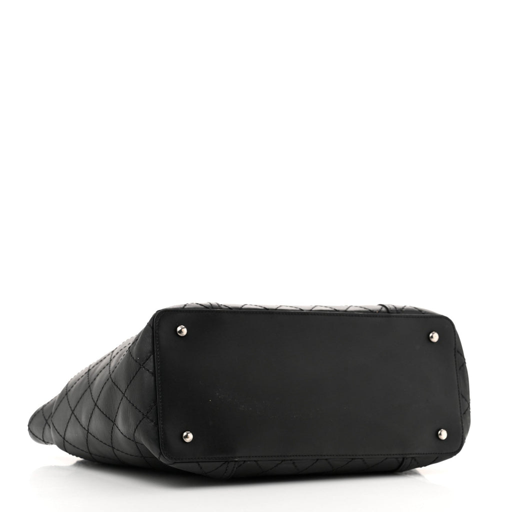 Lambskin Stitched Shopping Tote Black