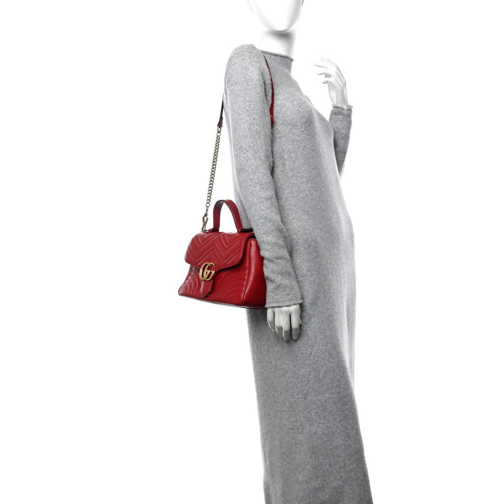 Calfskin Matelasse Small GG Marmont Top Handle Shoulder Bag Hibiscus Red