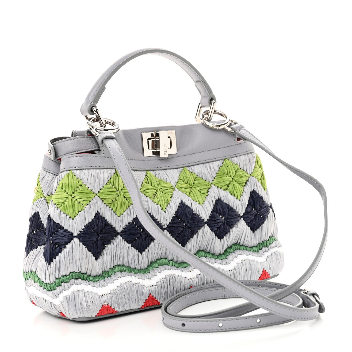 Nappa Raffia Embroidered Mini Peekaboo Iconic Satchel Grey Multicolor