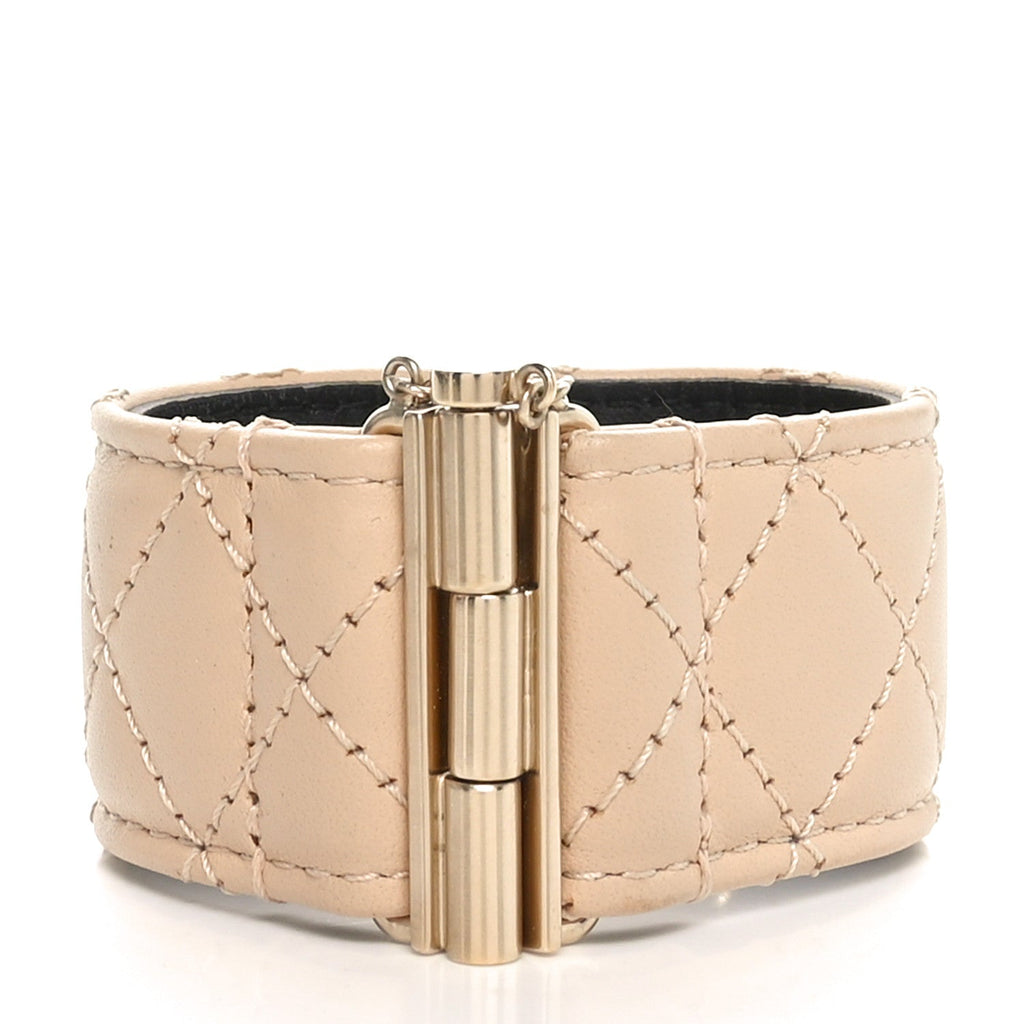 Lambskin Quilted Pearl CC Cuff Bracelet Beige