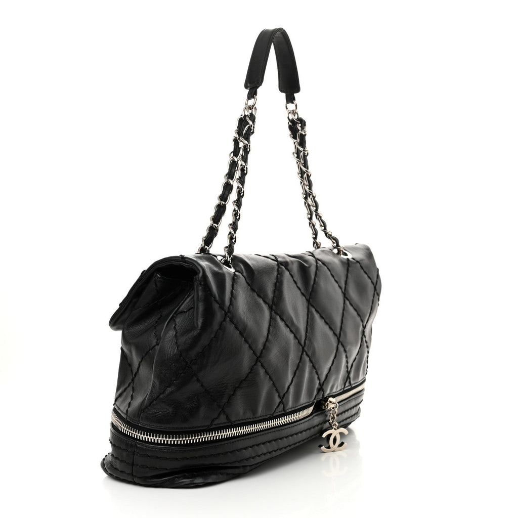 Calfskin Stitched Large Expandable Flap Bag Black