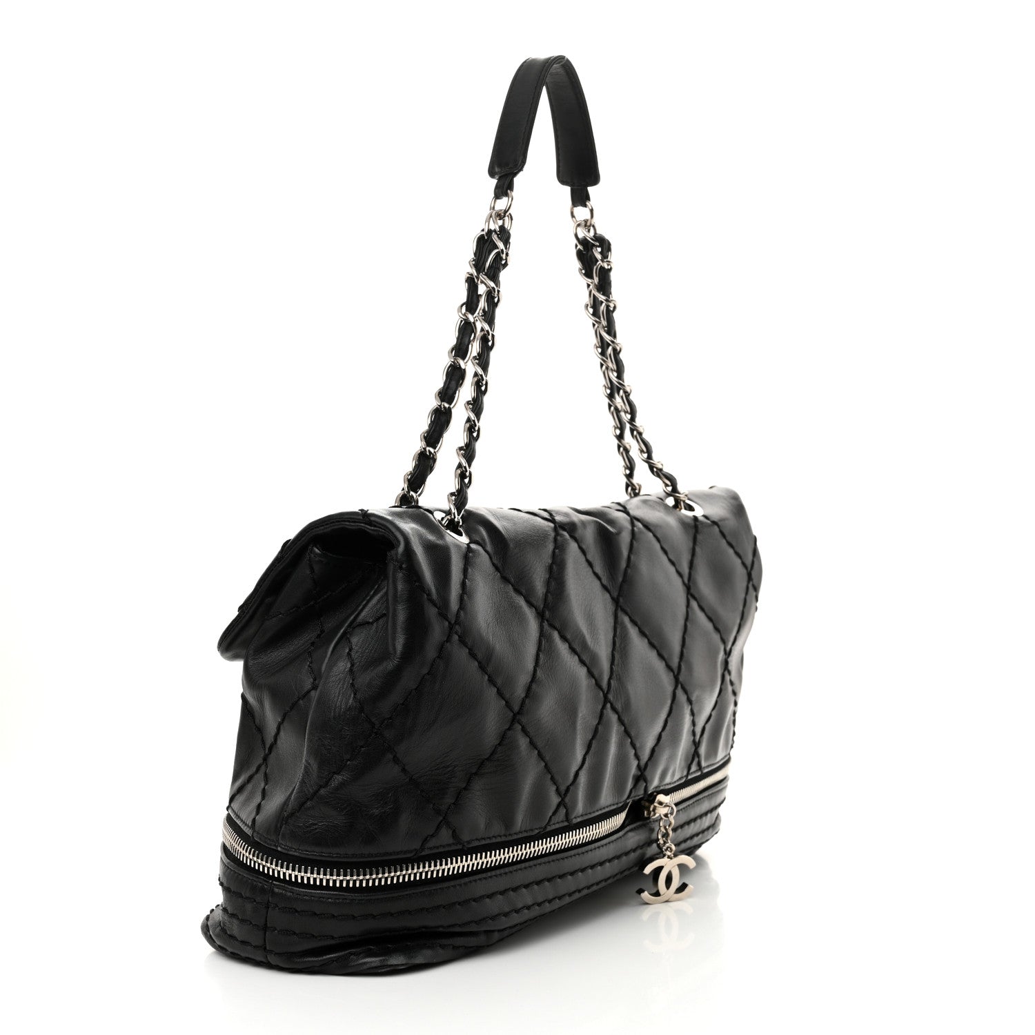 Calfskin Stitched Large Expandable Flap Bag Black