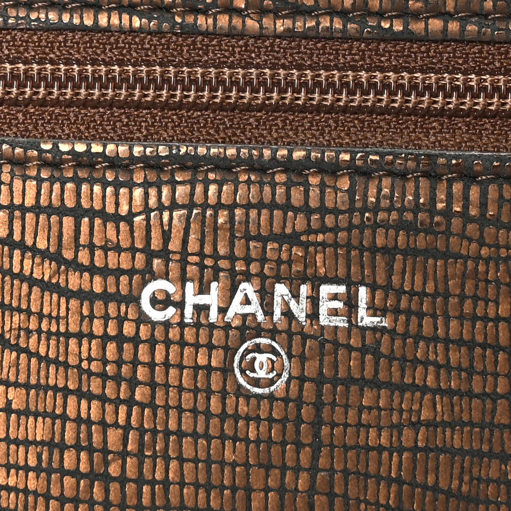 Iridescent Lizard Embossed Timeless CC Wallet on Chain WOC Brown