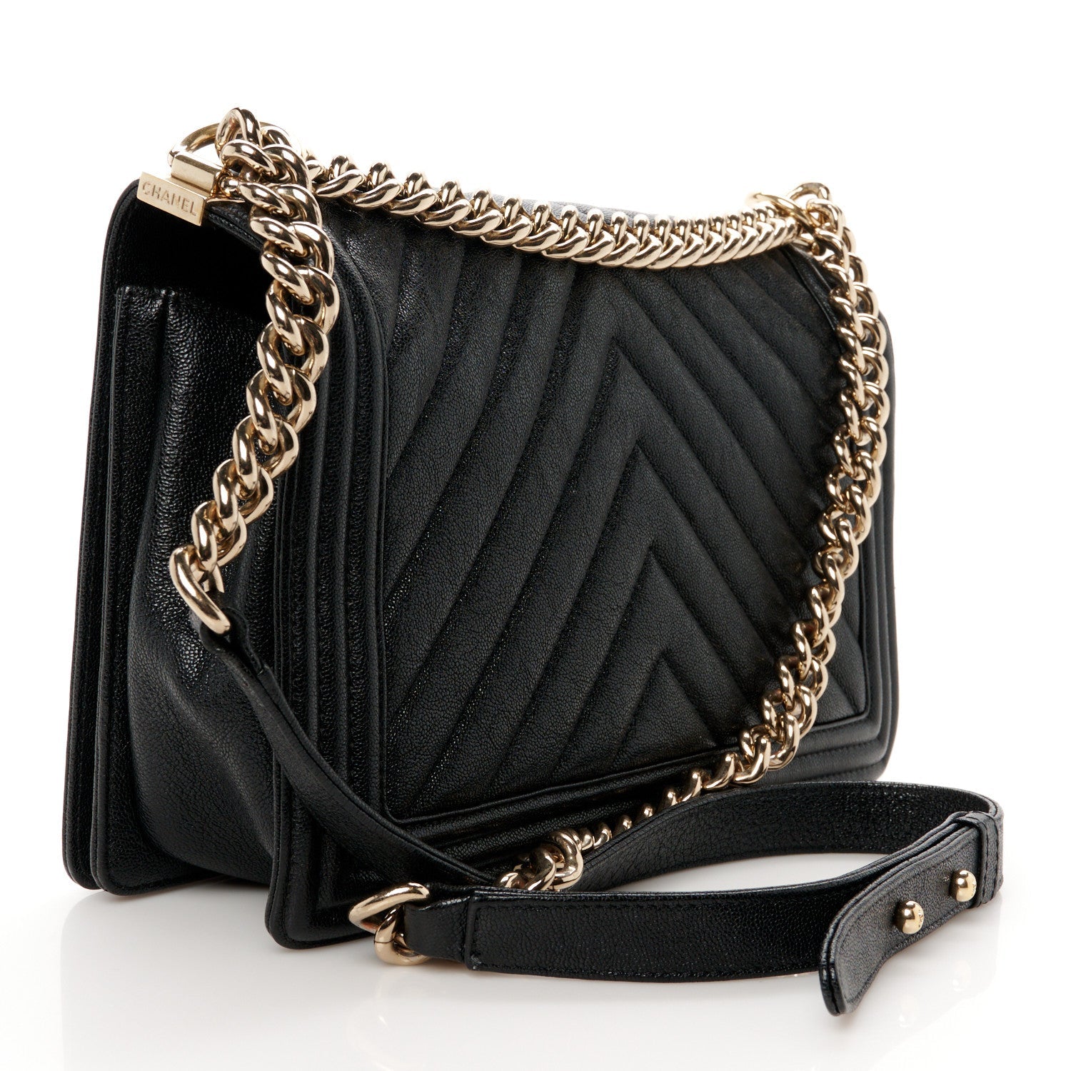 Iridescent Caviar Chevron Quilted New Medium Boy Flap Black