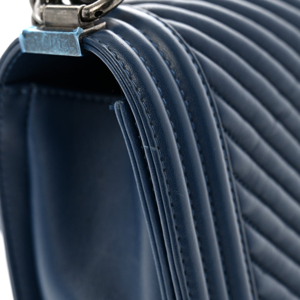 Calfskin Chevron Quilted Medium Boy Flap Dark Navy Blue