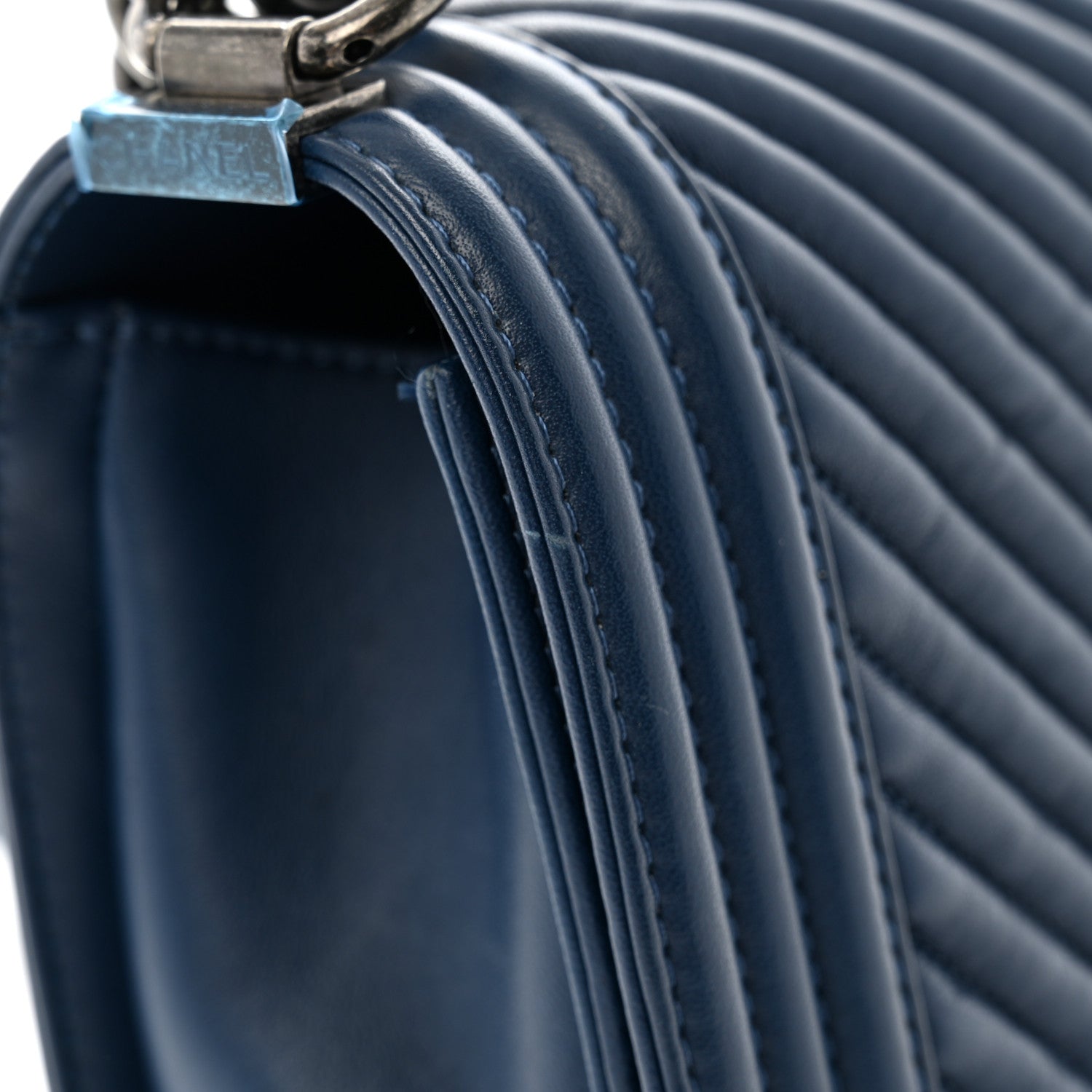 Calfskin Chevron Quilted Medium Boy Flap Dark Navy Blue