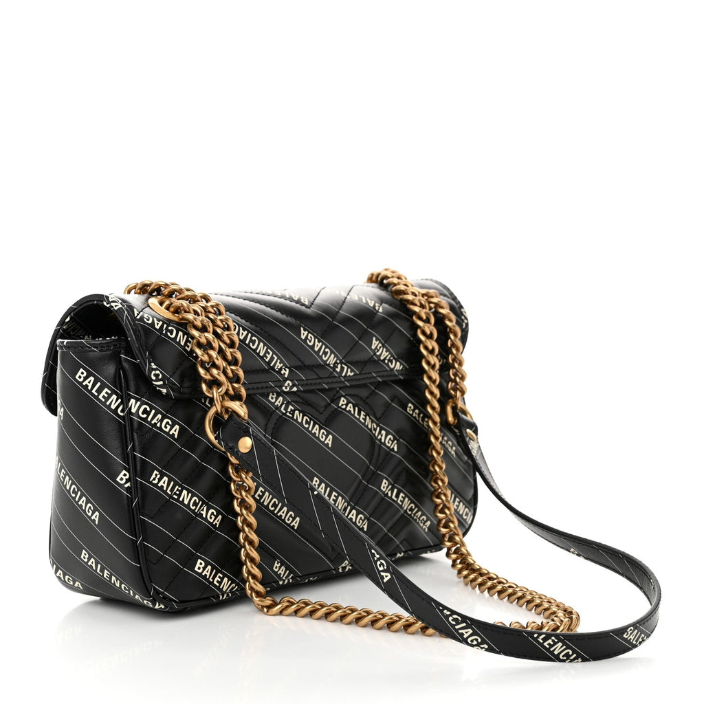 X BALENCIAGA Calfskin Matelasse Logo Print Small GG Marmont Shoulder Bag Black
