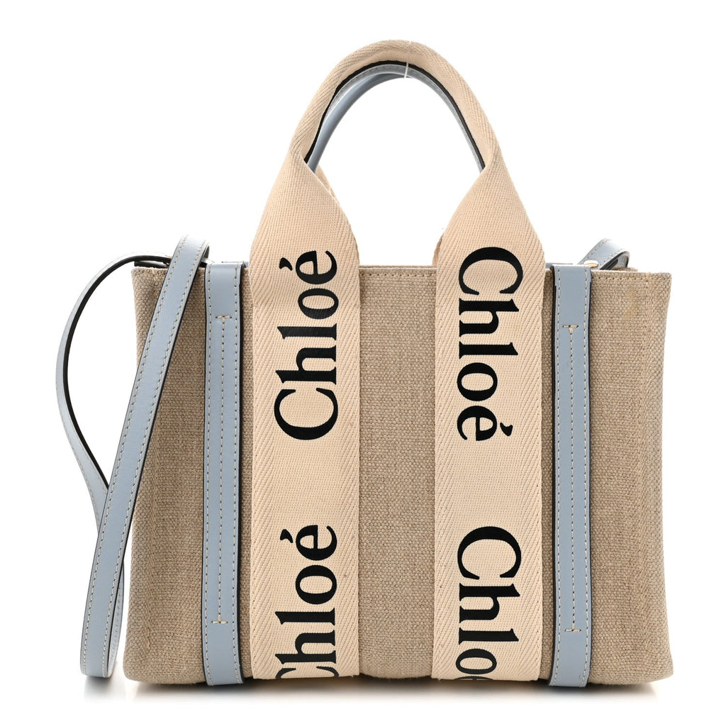 Cotton Calfskin Small Woody Ribbon Tote With Strap Light Blue