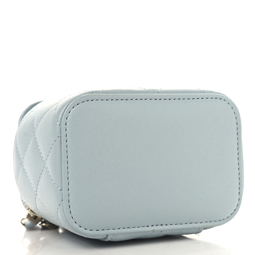 Lambskin Quilted Top Handle Mini Vanity Case With Chain Light Blue