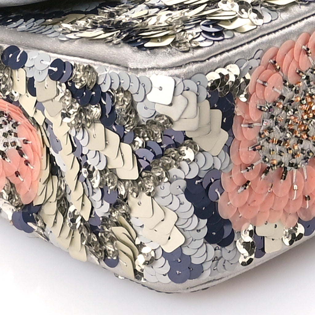 Satin Sequin Embellished Flower Mini Rectangular Flap Argent Multicolor