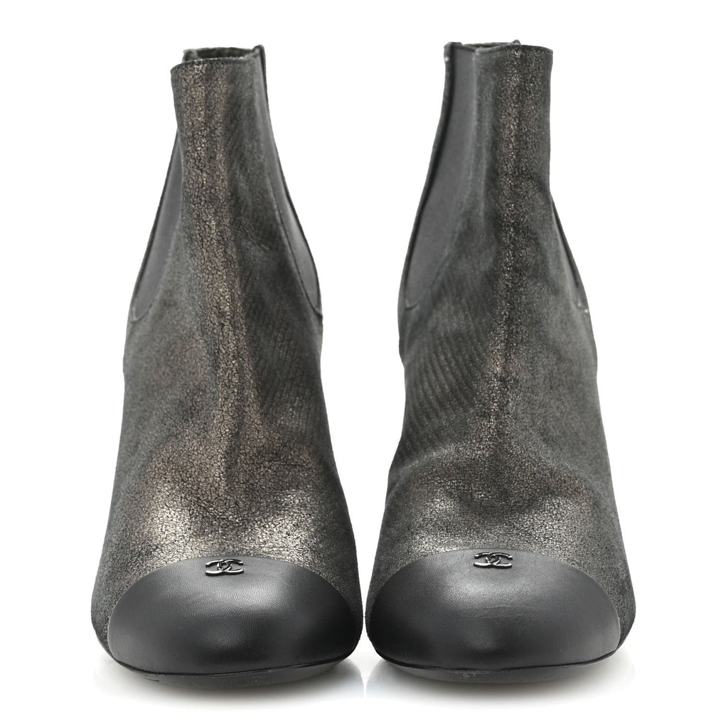 Embossed Lambskin Calfskin CC Cap Toe Ankle Boots 40 Argent Fonce Black