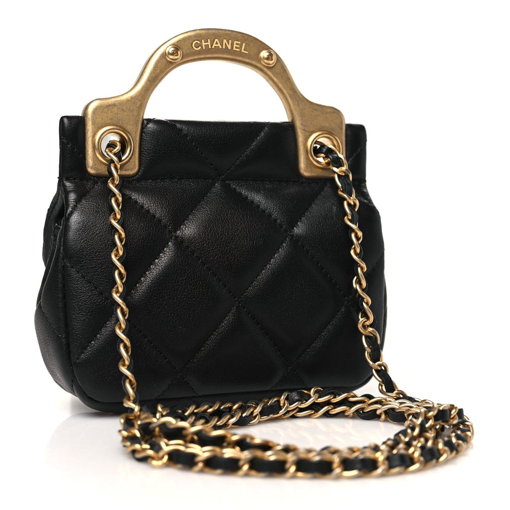 Calfskin Quilted Lady Handle Clutch With Chain Black
