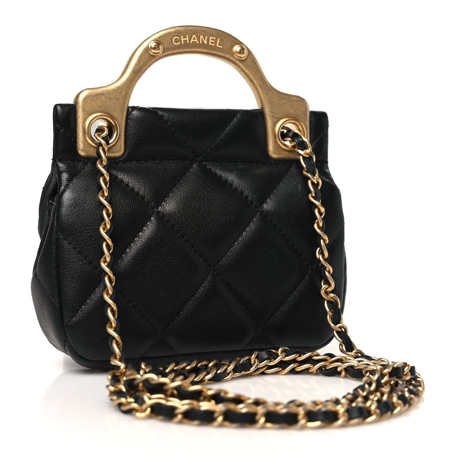 Calfskin Quilted Lady Handle Clutch With Chain Black